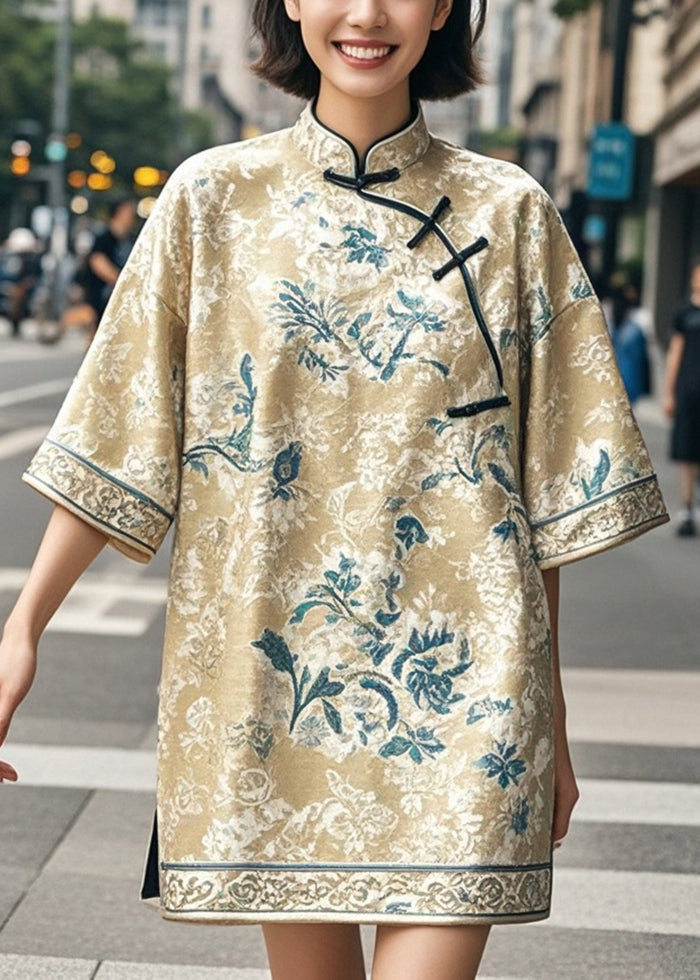 Khaki Print Chinese Style Mini Dresses Half Sleeve