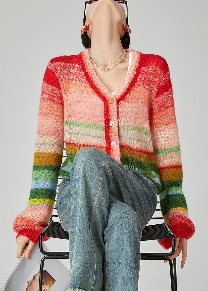 Rainbow V Neck Button Cotton Knit Cardigans Fall