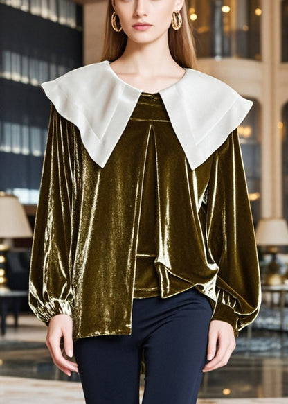 Tea Green Peter Pan Collar Silk Velour Tops Fall