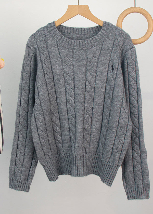 Grey O-neck Embroidered Knitted Sweaters Spring