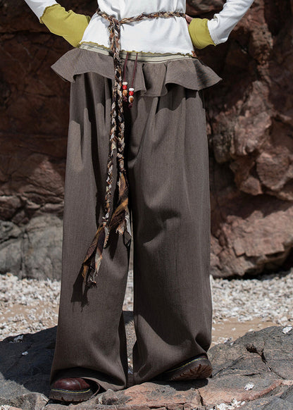 Brown Knit Patchwork Elastic Waist Wide Leg Pants Fall