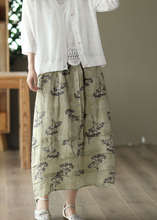Light Green High Waist Patchwork Print Linen Skirt Summer