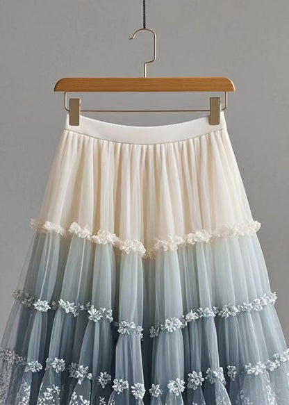 Gradient Color Ruffled Print Tulle Skirt Summer