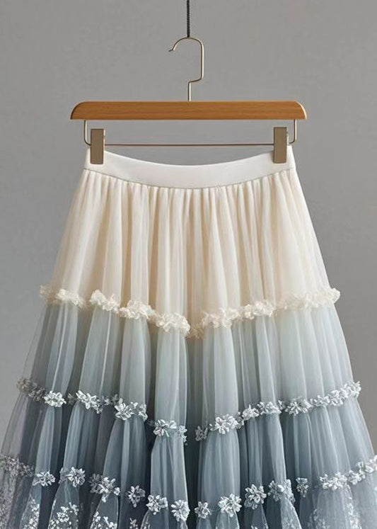 Gradient Color Ruffled Print Tulle Skirt Summer