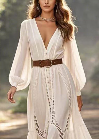 White Cinched Hollow Out Party Dress Spring