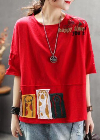 Red Cotton Clothes for Korea Summer Loose Retro Ripped Hole Embroidery T-shirt