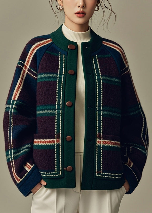 Green Plaid Button Patchwork Woolen Coats Winter