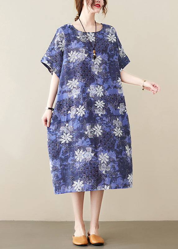 Blue O-neck Print Cotton Holiday Dress Short Sleeve
