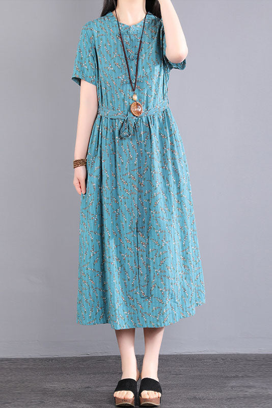 Summer Loose Short Sleeve Dress Linen Print Dress
