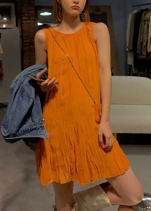 New Orange O Neck Cotton Mid Dress Sleeveless
