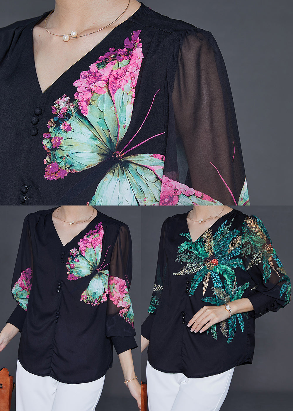 Black V Neck Leaf Print Chiffon Blouses Summer