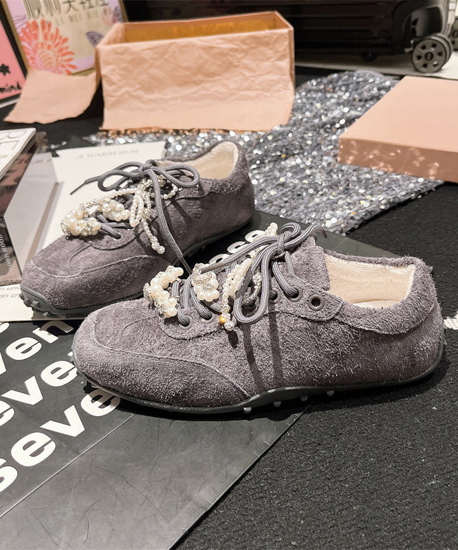 Splicing Flats Purple Suede Lace Up Pearl Zircon
