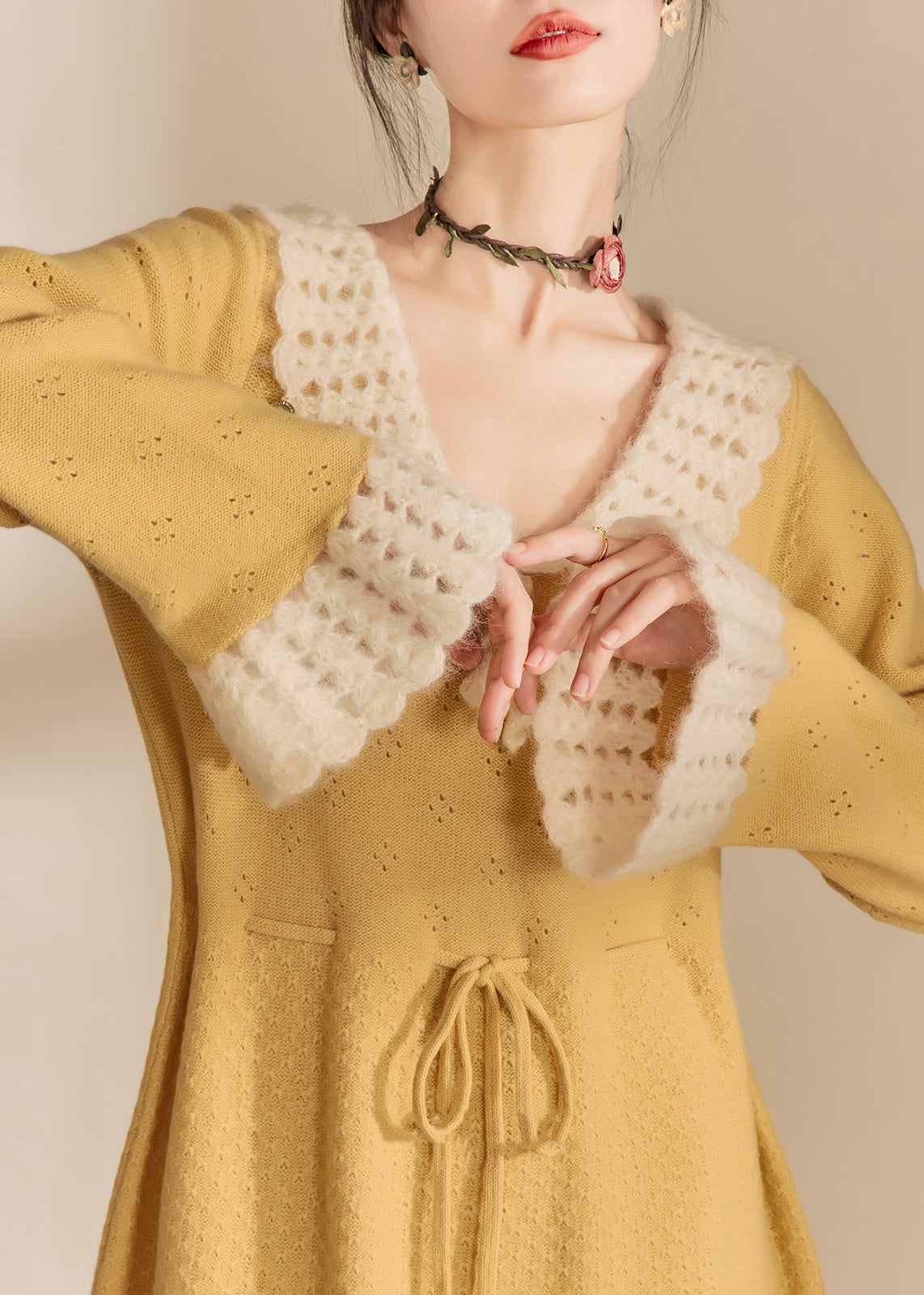 Yellow Peter Pan Collar Tie Waist Hollow Out Long Dress Fall