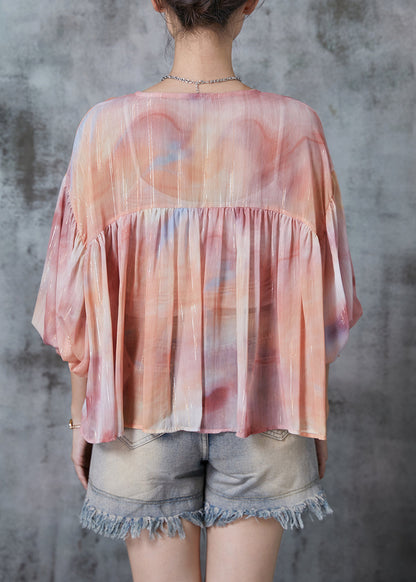 Gradient Color Oversized Lace Up Chiffon Blouses Fall