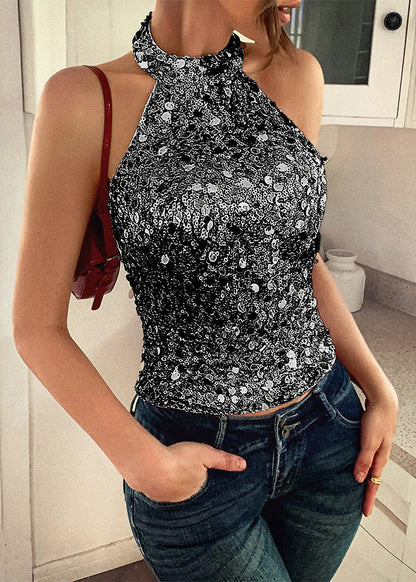 Silver Halter Backless Sequins Top Sleeveless