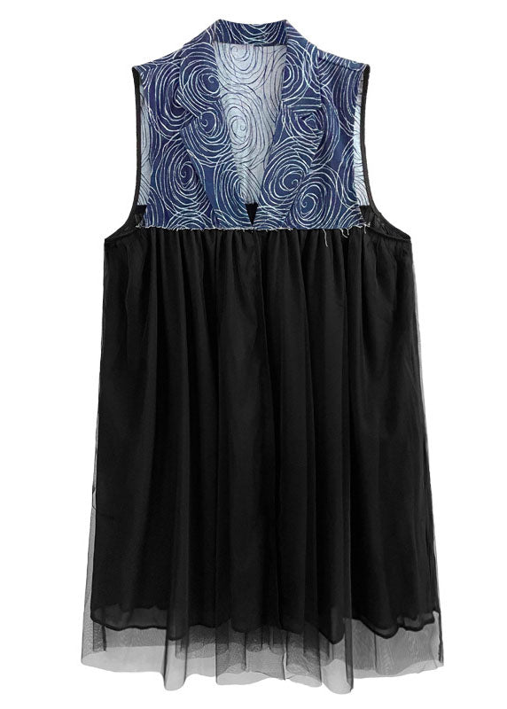 Blue Oversized Denim Patchwork Chiffon Cardigans Sleeveless