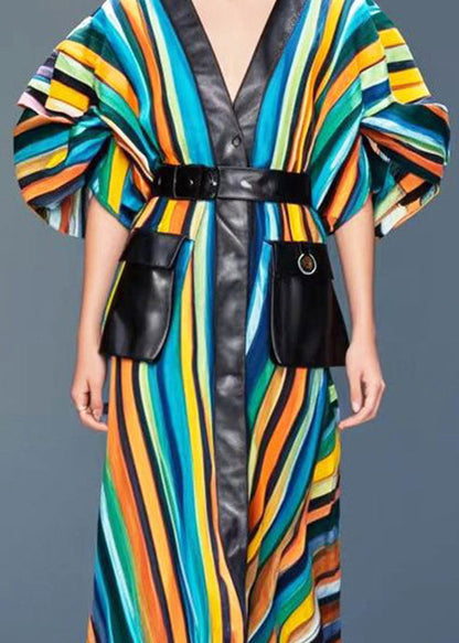 Rainbow Striped Patchwork Pockets Cotton Dress Puff Sleeve