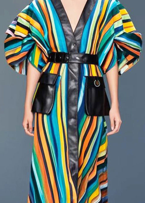 Rainbow Striped Patchwork Pockets Cotton Dress Puff Sleeve