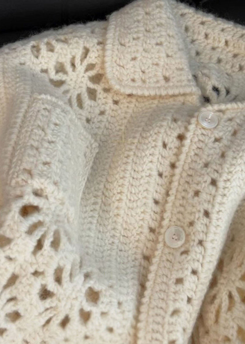 French Apricot Peter Pan Collar Hollow Out Knit Coats Spring