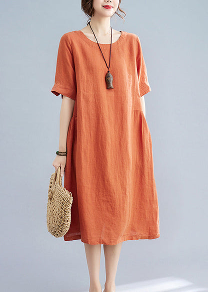 Orange O-neck Linen Dresses Short Sleeve