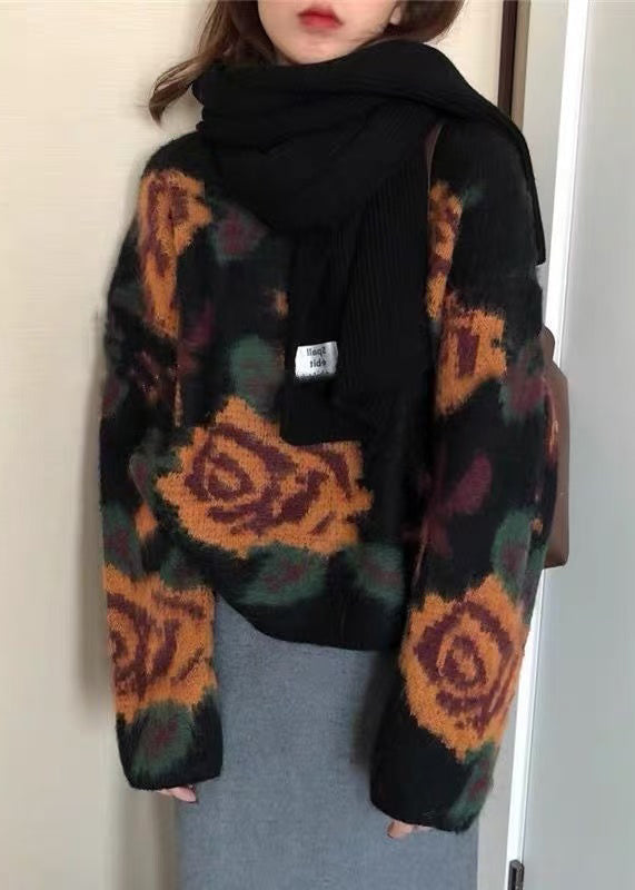 French Black O Neck Jacquard Knit Sweater Tops Spring