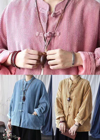 Khaki Pockets Retro Corduroy Coat Oriental Button Spring