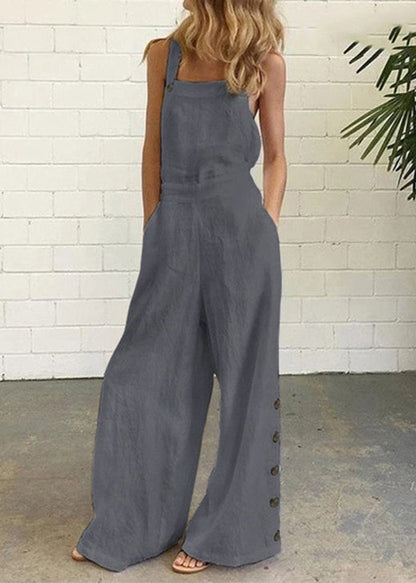 Khaki Pockets Button Patchwork Cotton Jumpsuit Summer