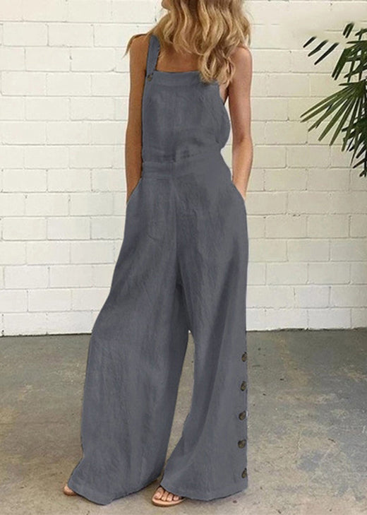 Khaki Pockets Button Patchwork Cotton Jumpsuit Summer