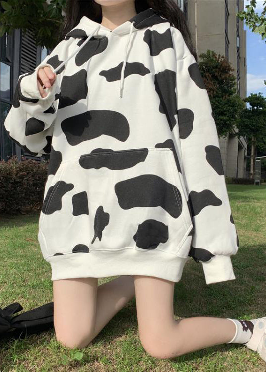 Loose White Zebra Pattern Hooded Cotton Pullover Sweatshirt Fall