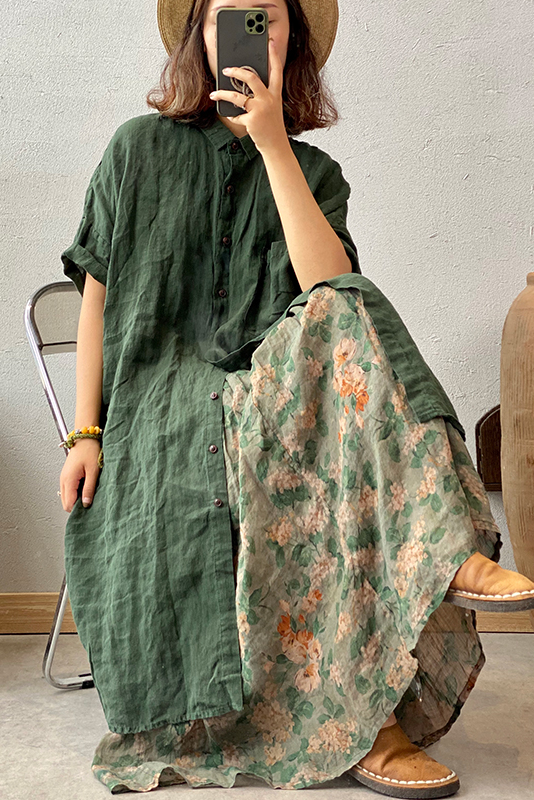 Summer Linen Shirt Dress Short Sleeve Cardigan Dress