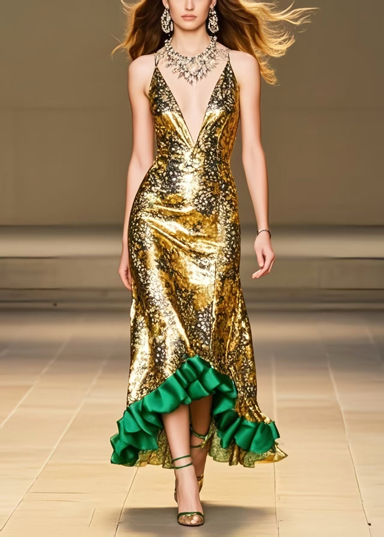 Italian Golden Ruffled Patchwork Silk Wraped Dress Summer