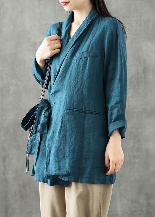 Blue Green Peter Pan Collar Tie Waist Linen Coats Long Sleeve