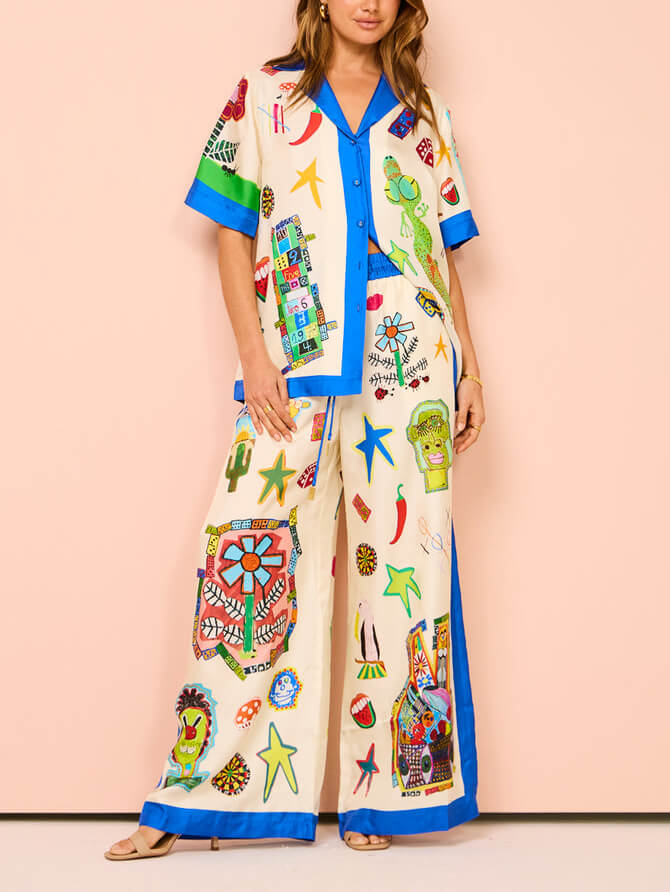 Color Block Personalized Printed Vacation Loose Shirt