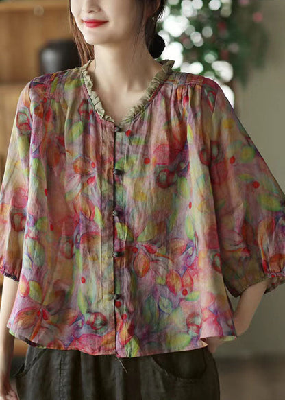 Pink V Neck Ruffled Print Linen Blouse Top Half Sleeve