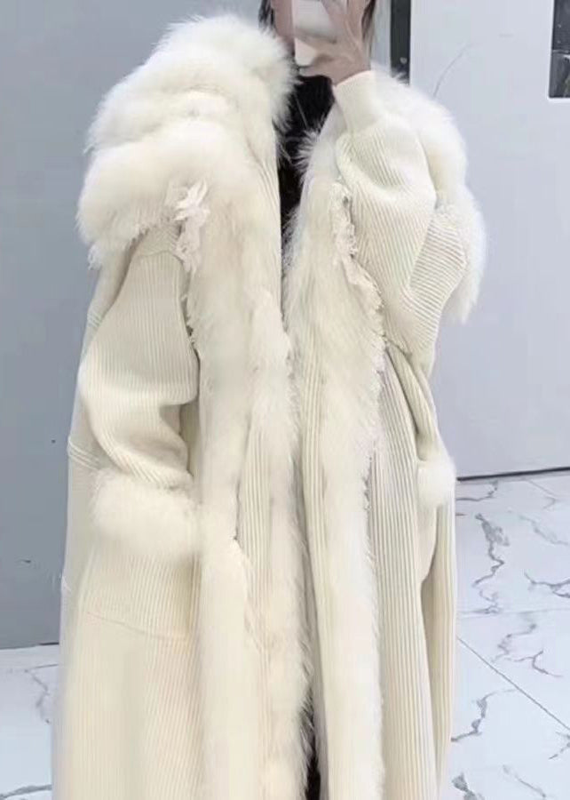 Classy Beige Fox Collar Patchwork Knit Cardigan Winter