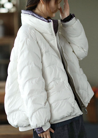 Style White Stand Collar Zippered Pockets Thick Winter Down Jacket