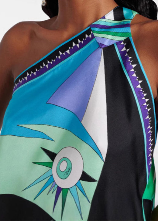 Hanging Neck Backless Print Silk Asymmetrical Dress