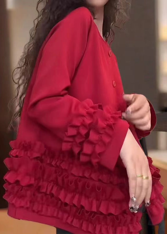 Red Ruffled Oversized Cotton Coats Fall
