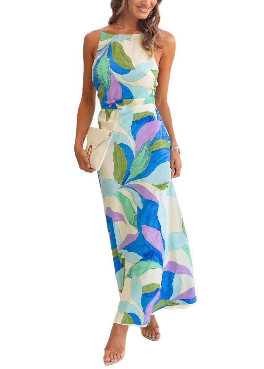 French Blue Backless Print Cotton Long Dress Sleeveless