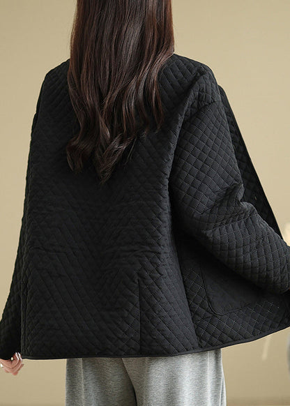 Black Pockets Button Fine Cotton Filled Coat O Neck Spring