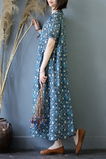 Summer Print Ramie Dress Short Sleeve Dress
