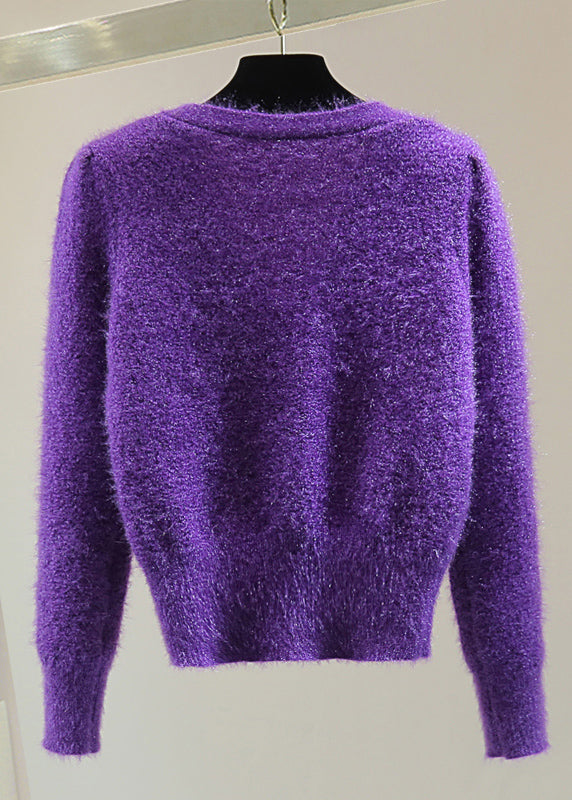 Purple Ma Hai Mao Thick Cotton Knit Sweater V Neck Winter