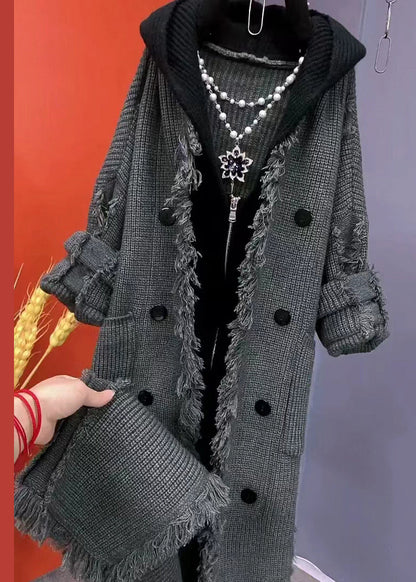 Beige Tasseled Patchwork Knit Hooded Coat Fall