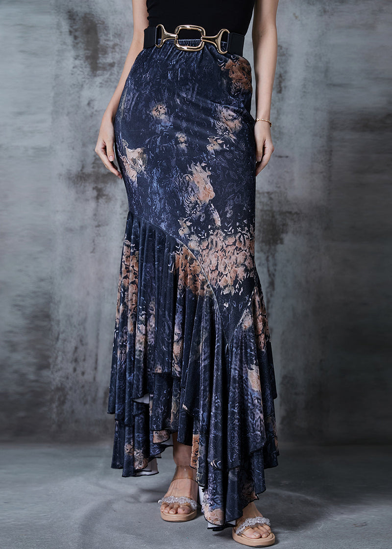 Black Asymmetrical Patchwork Print Wraped Skirts Fall