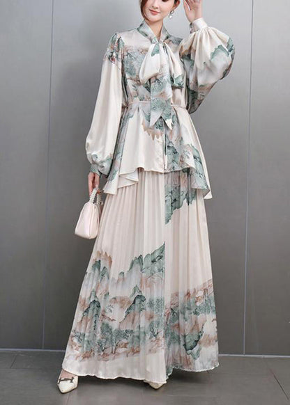 White Bow Print Chiffon Shirts and Maxi Skirts Two Pieces Set Spring