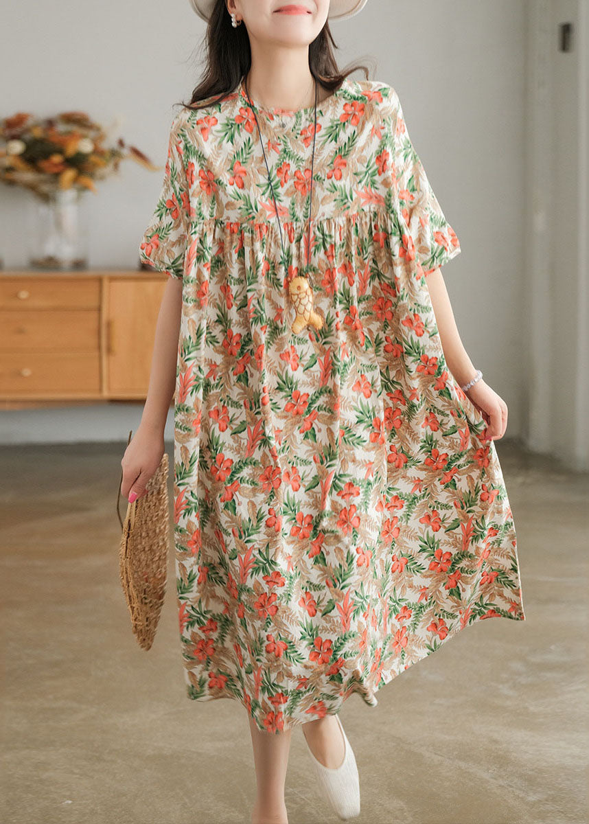 Red Print O-neck Cotton Beach Dresses Short Sleeve