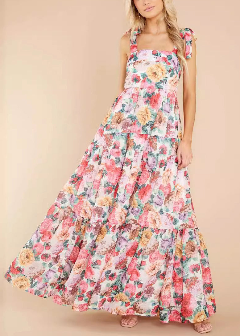 Pink Print Wrinkled Lace Up Patchwork Cotton Dress Summer