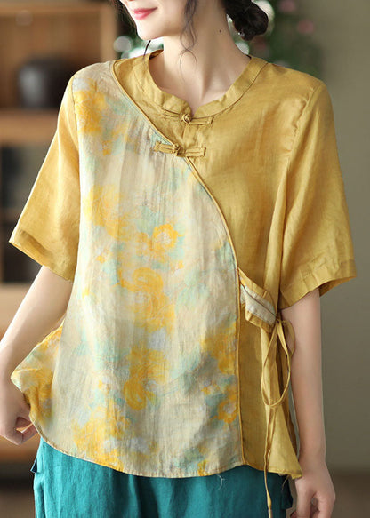 Blue Stand Collar Print Patchwork Linen Shirt Top Summer