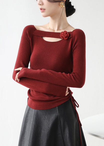 Classy Red Cinched Hollow Out Knit Shirts Winter