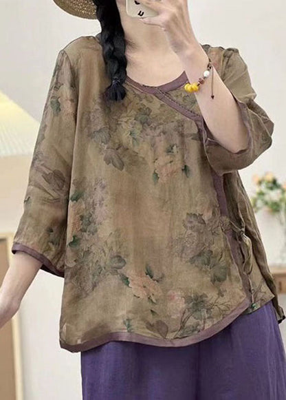 Coffee O Neck Print Lace Up Patchwork Linen Top Summer